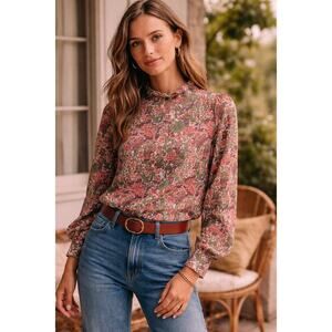 Sezane Clothilde Jaipur Floral Mock Neck Cotton Blouse Size 34 (US 2)